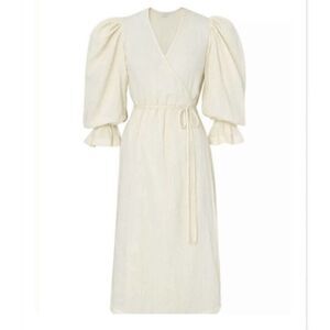 RHODE RESORT Emi Wrap Midi Dress Puff Sleeves Ruffle Cream Cotton XS NEW -232294